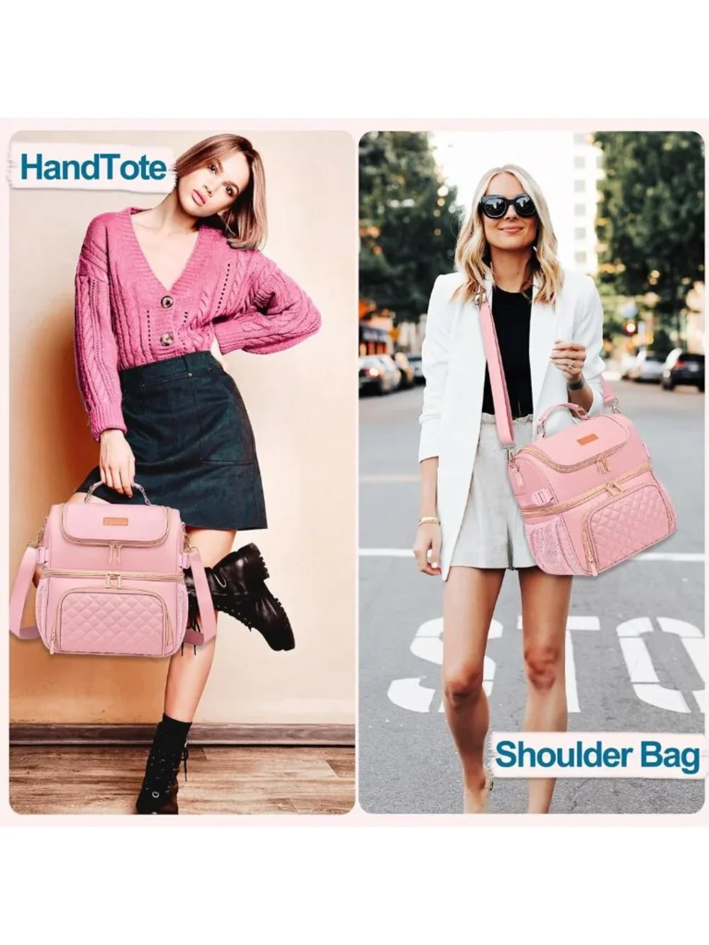 Insulated Dual Compartment Lunch Bag, Leakproof Cooler for Work & Picnic - Pink